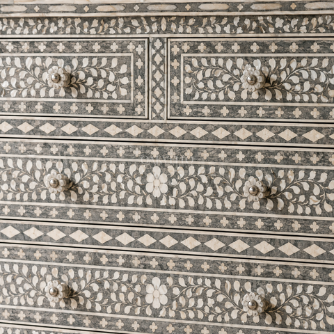 Grey Floral Bone Inlay 4-Drawer Chest of Drawers