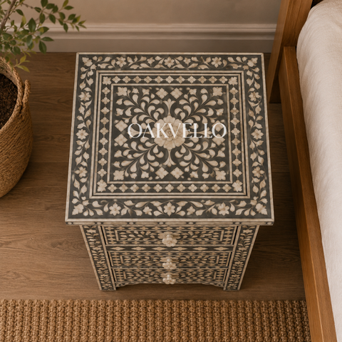 Charcoal Floral Vine Bone Inlay Bedside Table with Three Drawers