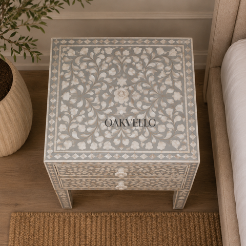 Ivory Floral Bloom Bone Inlay Bedside Table with Double Drawers