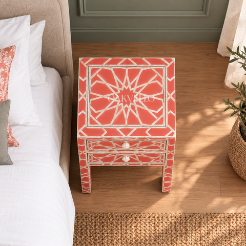 Bone Inlay 2-Drawer Nightstand – Coral Red Trellis & Geometric Pattern