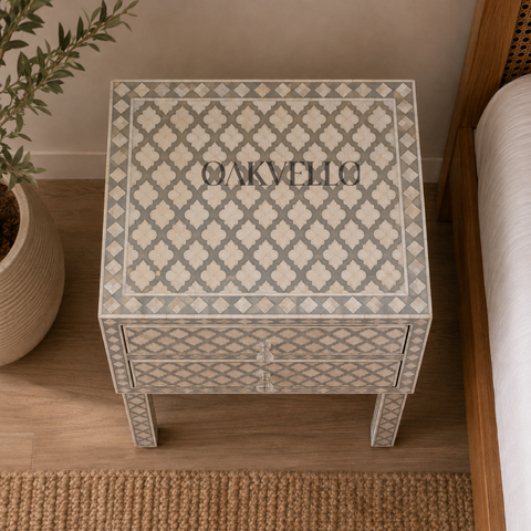 Moroccan Trellis Grey & White Bone Inlay 2-Drawer Bedside Table