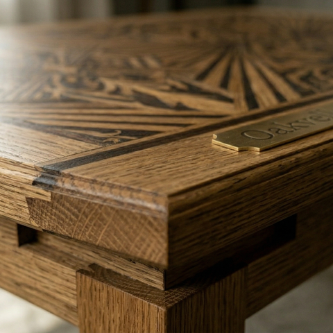 Mandala Anchor Teak Wood Dining Table | Marquetry Trestle Design – Oakvello