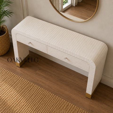 Ivory Bone Inlay Arch Console Table with Gold Brass Feet