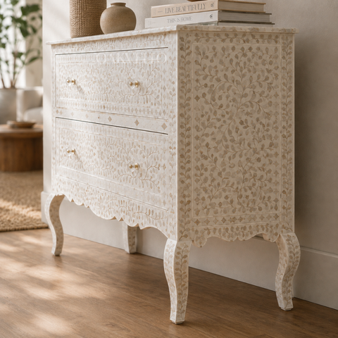Bone Inlay Floral Chest of Drawers – White