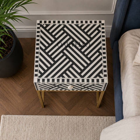 Noir Lattice Bone Inlay Bedside Table with Gold Frame