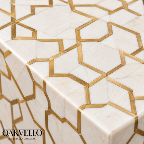 Handcrafted White and Gold Bone Inlay Coffee Table I Oakvello