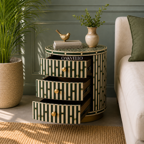 Emerald Lattice Bedside Chest – Bone Inlay Drum Nightstand