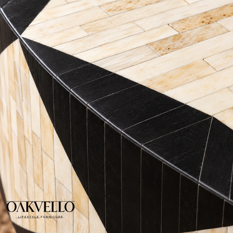 Noir Geometric Bone Inlay Coffee Table| Handcrafted Artisan Living Room Centre Table – Oakvello