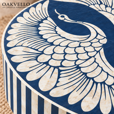 Azure Peacock Bone Inlay Coffee Table| Handcrafted Artisan Living Room Centre Table – Oakvello