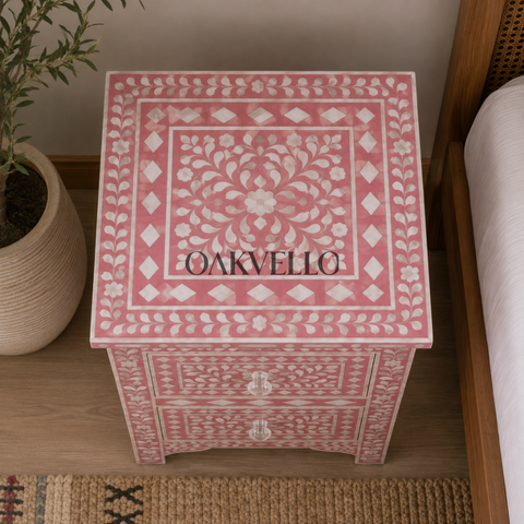 Blush Rose Floral Bone Inlay 2-Drawer Bedside Table