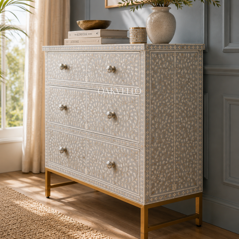 Bone Inlay Floral 3-Drawer Dresser – White & Grey