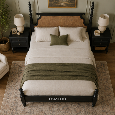 Manor Rattan Poster Bed | Solid Mango Wood & Cane Four-Poster Bed