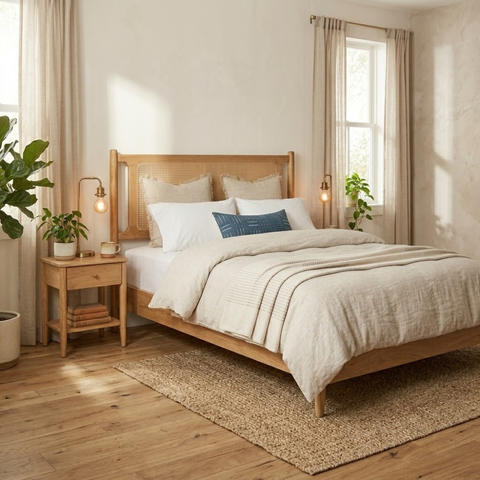 Lumara Cane Platform Bed | Natural Cane Headboard & Solid Wood Frame