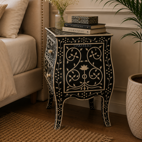 Black Floral Scroll Bone Inlay Bedside Table