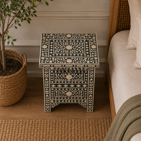 Midnight Bloom Bone Inlay Bedside Table