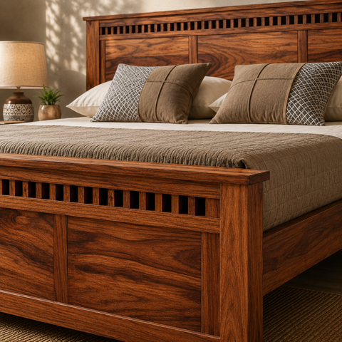 Timber Panel Bed | Solid Mango Wood Bed with Slatted Base | Oakvello