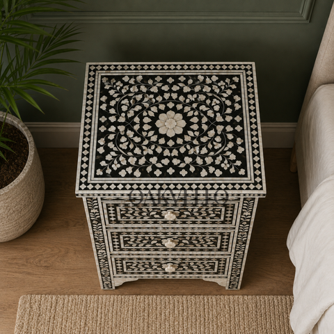 Noir Bloom Bone Inlay Bedside Table