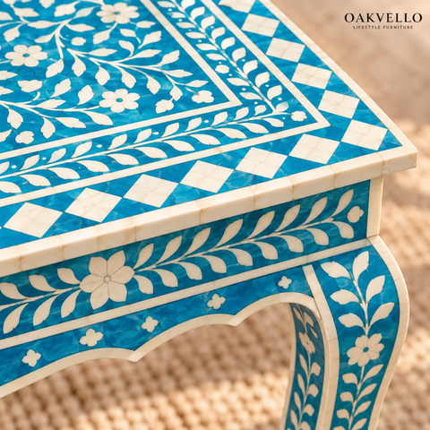 Blue Floral Bone Inlay Coffee Table I Oakvello