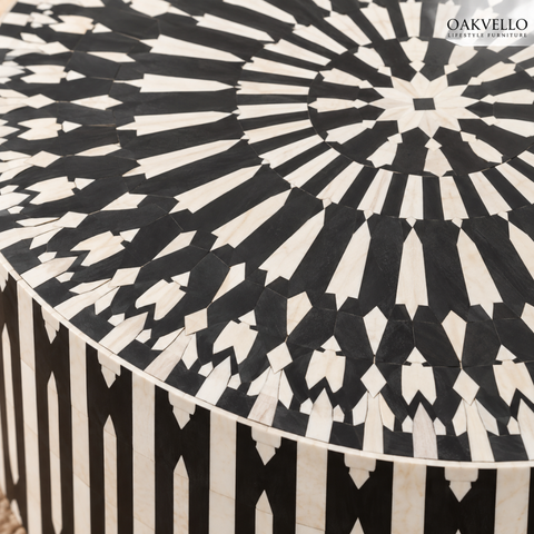 Black Stripe Round Bone Inlay Coffee Table | Handcrafted Artisan Living Room Furniture – Oakvello