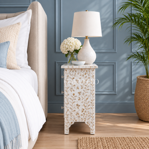 Grey Floral Bone Inlay 2-Drawer Bedside Table – 60 x 40 x 30 cm