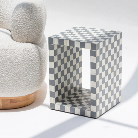 Checkerboard Bone Inlay Open Shelf Side Table