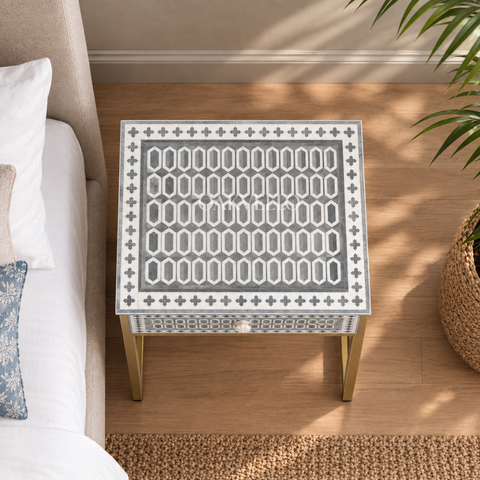 Bone Inlay Geometric Single Drawer Bedside Table with Gold Metal Legs – Grey & White