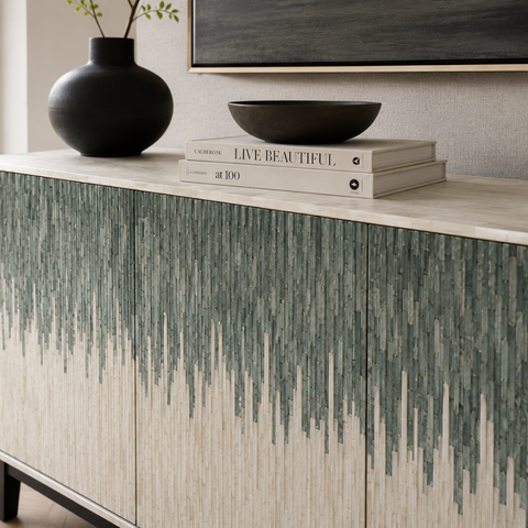 Green Carved Bone Inlay Cabinet | Handcrafted Artisan Storage Furniture – Oakvello