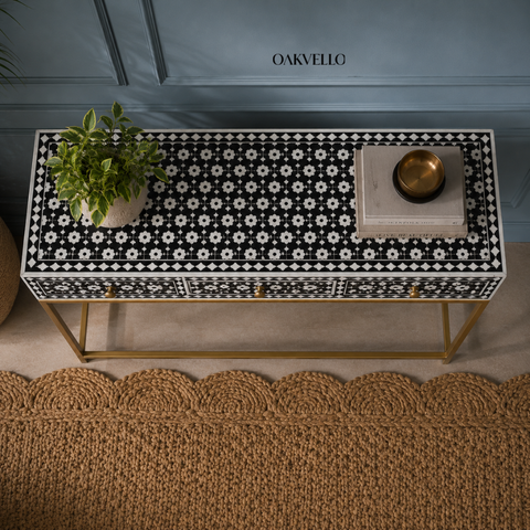 Noir Bloom Console Table | Black & White Bone Inlay with Brass Knobs