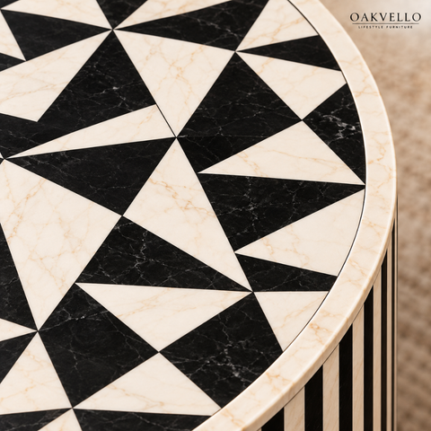 Black & White Diamond Round Bone Inlay Coffee Table | Handcrafted Artisan Living Room Furniture – Oakvello