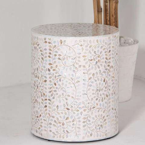 Pearl White Trailing Vine Shell Inlay Round Drum Side Table