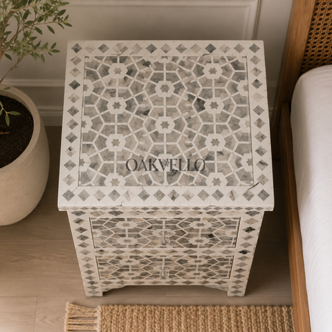 Silver Star Shell Inlay Bedside Table with Double Drawers