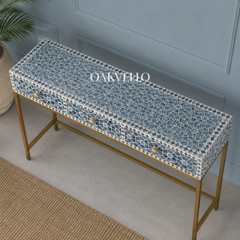 Blue Star Shell Inlay Console Table with Gold Iron Frame