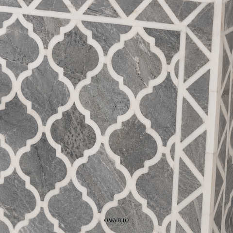 Bone Inlay Moroccan Trellis 4-Door Sideboard – Grey & White