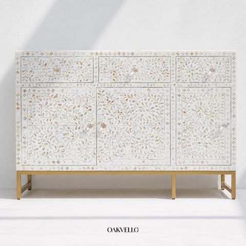 Shell Inlay Floral 4-Door Sideboard – Ivory White