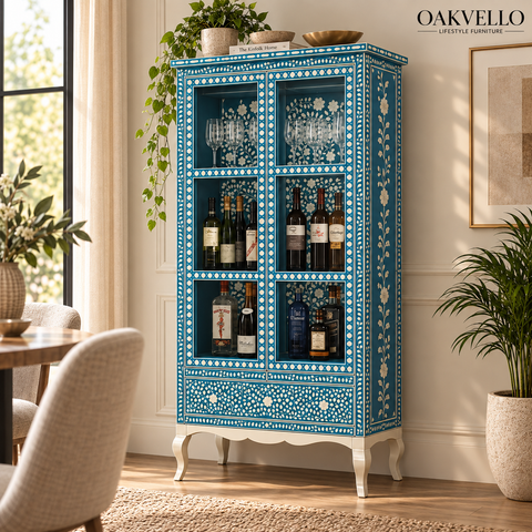 Teal Bone Inlay Glass-Door Bar Cabinet with Cabriole Legs