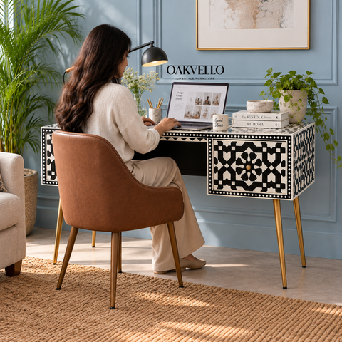 Ajmeri Black Bone Inlay Console Desk with 2 Drawers – Oakvello