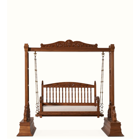 The Rajwada Swing – Handcrafted Teak Wood Indian Courtyard Swing with Beige Fabric