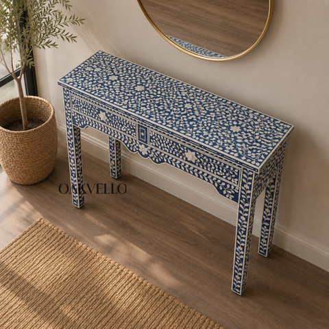 Bone Inlay Floral Console Table – Navy Blue & White