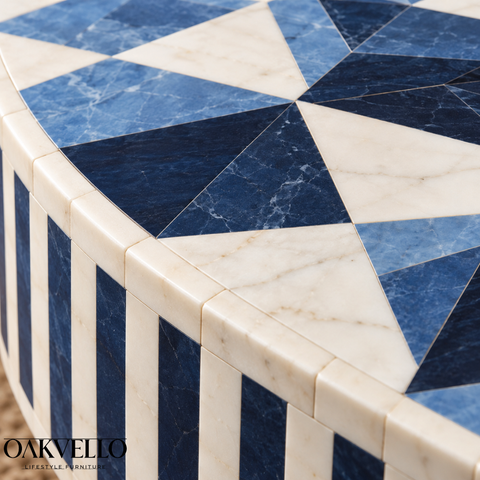 Navy Mosaic Round Bone Inlay Coffee Table| Handcrafted Artisan Living Room Centre Table – Oakvello