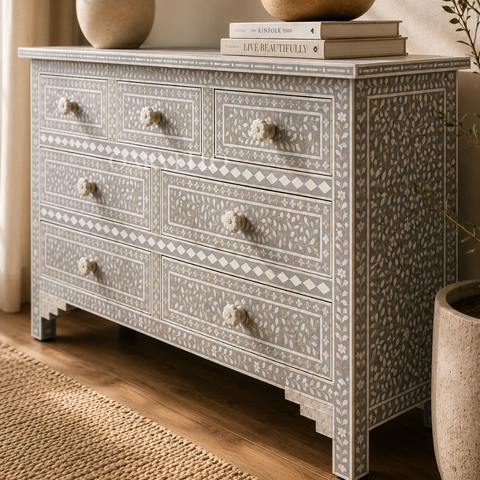 Grey Floral Bone Inlay 7-Drawer Chest of Drawers