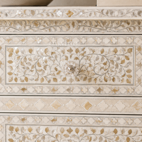 Bone Inlay Floral 7-Drawer Wide Dresser – White