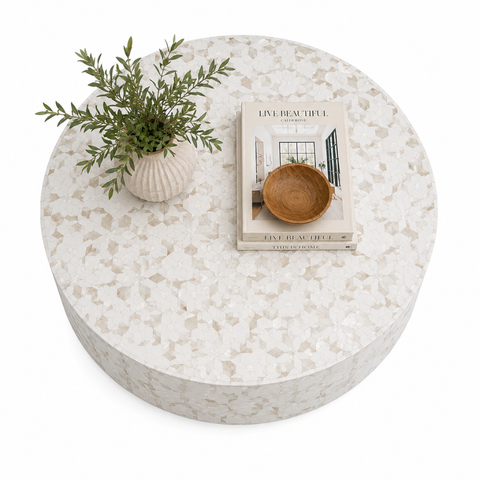Round Pearl Inlay Coffee Table with Brass Gold Base | 90cm