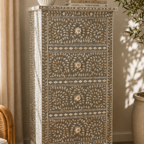 Bone Inlay Floral Slim Tallboy Chest – Grey