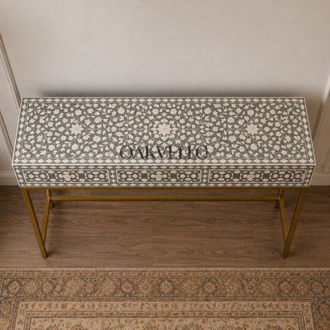 Bone Inlay Floral Medallion 3-Drawer Console Table – Sage Green & White
