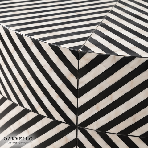Monochrome Luxe Round Bone Inlay Coffee Table | Handcrafted Artisan Living Room Furniture – Oakvello