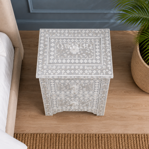 Grey Floral Bone Inlay 2-Drawer Bedside Table