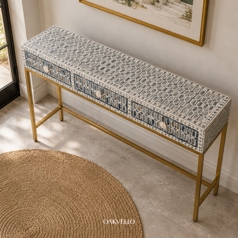 Bone Inlay Geometric 3-Drawer Console Table – Grey & White