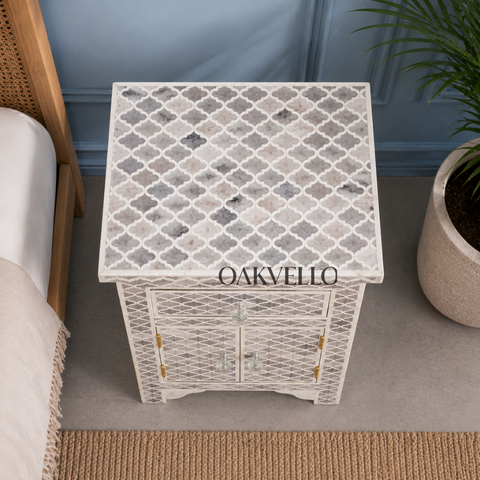 Bone Inlay Moroccan Trellis 1-Drawer 2-Door Bedside Cabinet – Grey & White