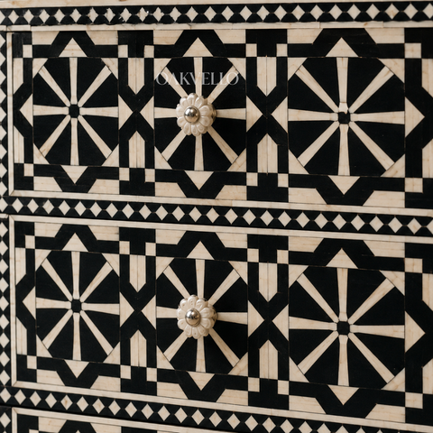 Bone Inlay Geometric 9-Drawer Sideboard – Black & White