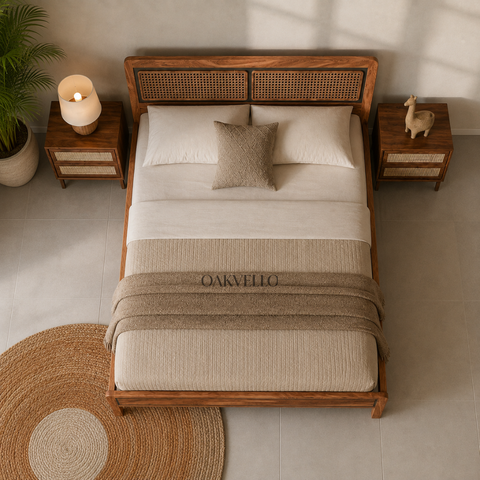 Nami Bed | Solid Mango Wood & Rattan Cane Platform Bed